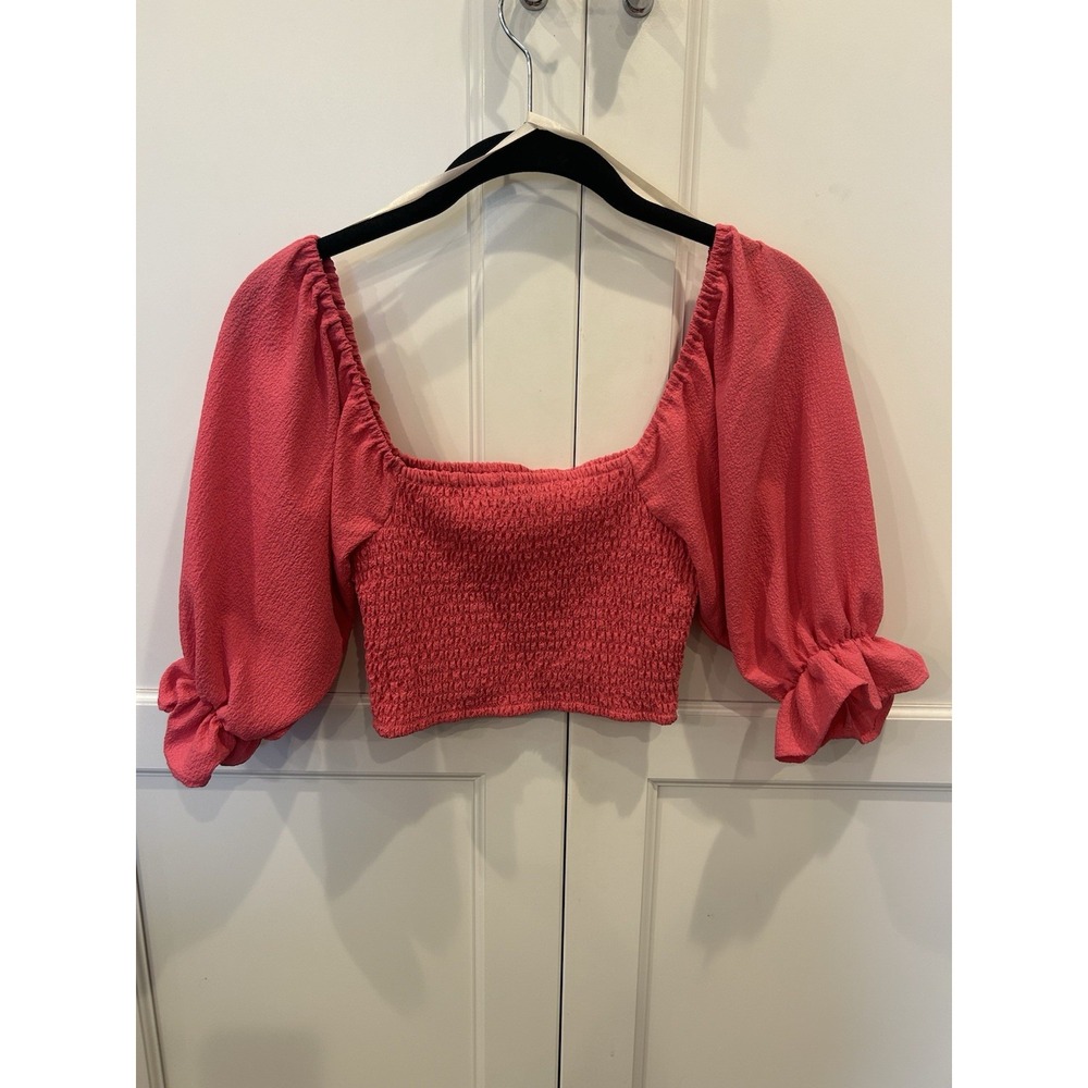 Cropped Summer BCBGeneration Top Deep Rose XS Peasant Sleeves Tight Fit Body - Picture 2 of 4